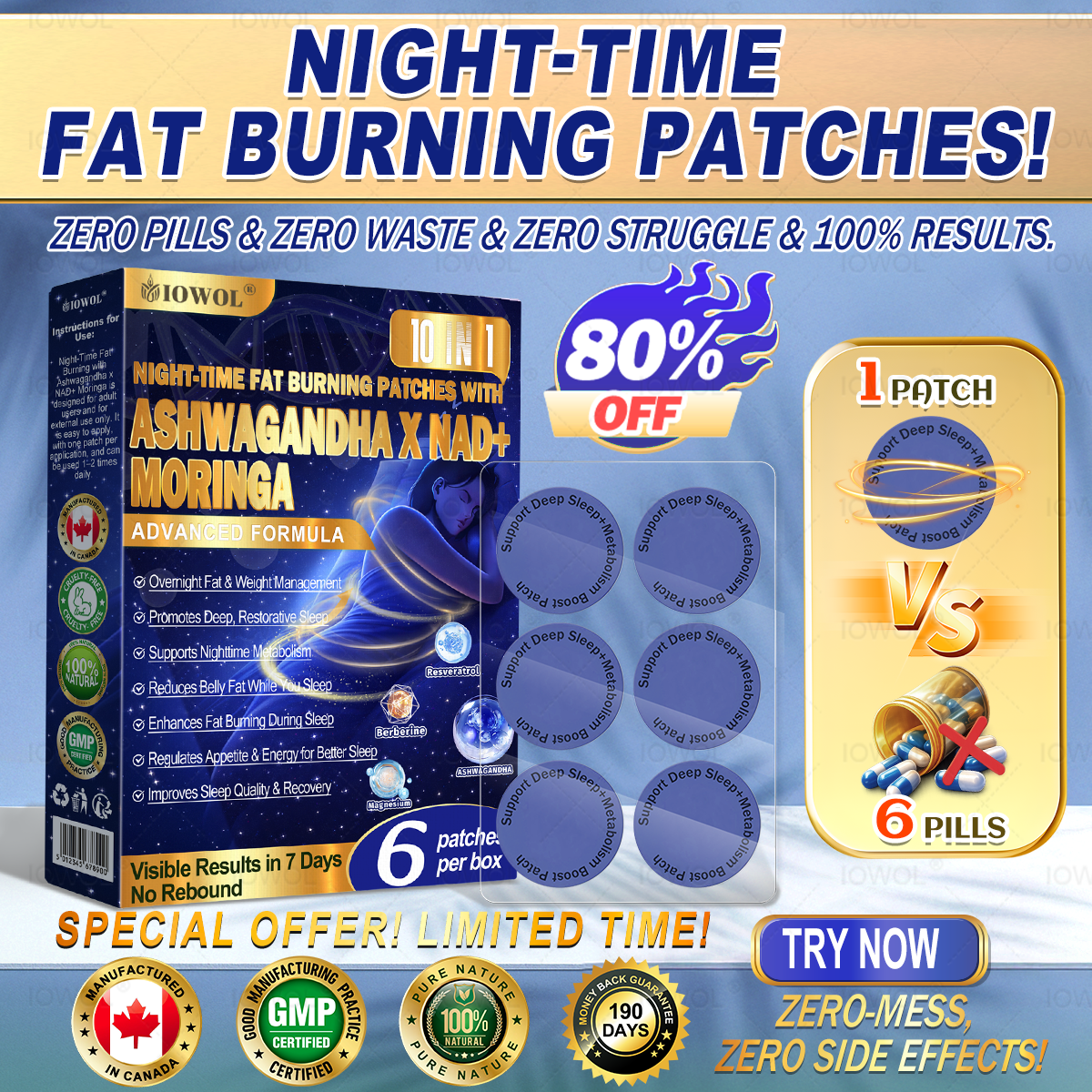 IOWOL® NIGHT-TIME FAT BURNING PATCHES! ZERO PILLS & ZERO WASTE & ZERO STRUGGLE & 100% RESULTS.